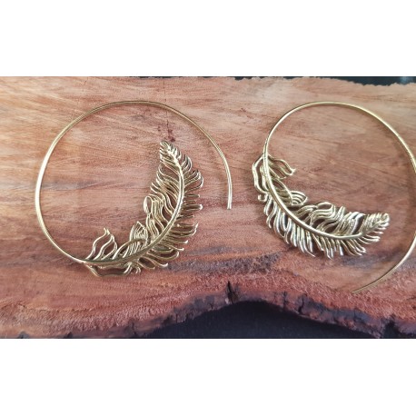 Brass Earrings Feather Spiral 45mm