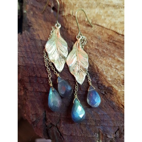 Brass gold plated leaves with Labradorite droplets