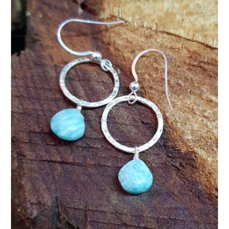 Amazonite set on hammered silver hoops 26mm in length