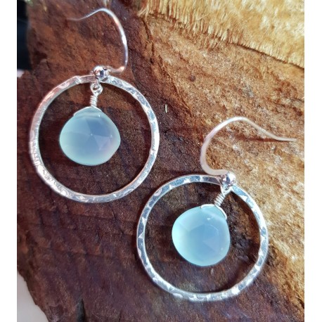 Aqua blue Chalcedony droplets set in hammered silver hoops 22mm